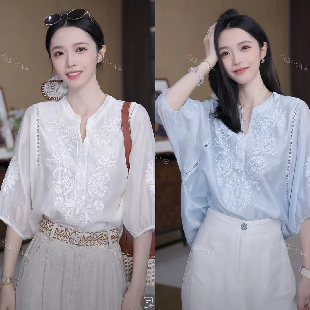 【苧不凡】月光白·云水蓝丨薄纱夏季凉感刺绣绣花衬衫CS250521