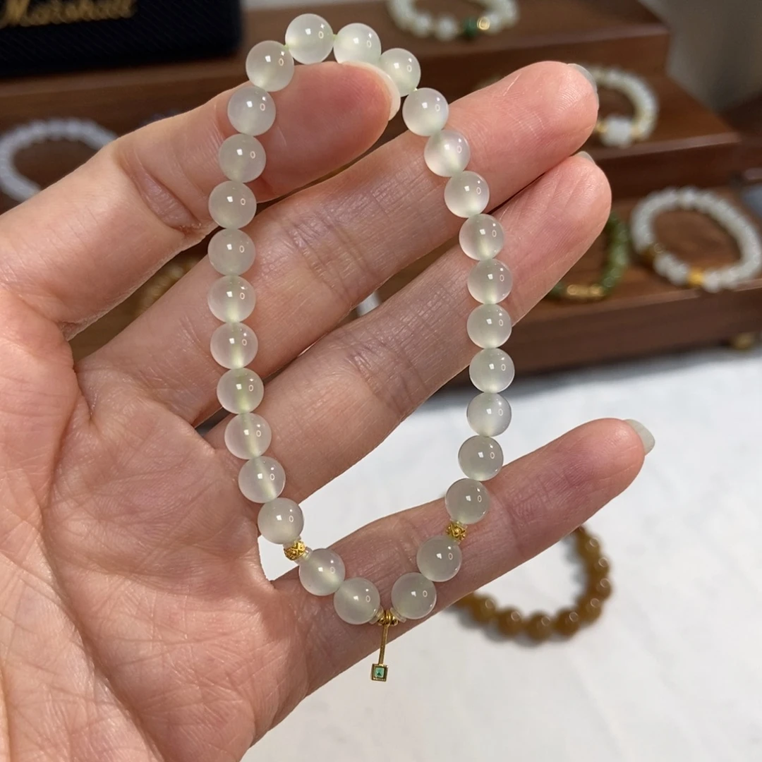 和田玉18K金镶嵌手链5.8mm高冰晴猫精品