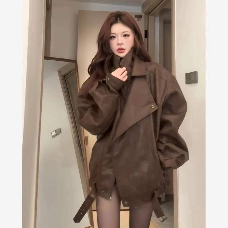 美式复古棕色机车风pu皮衣外套女秋季高级感宽松显瘦百搭夹克上衣