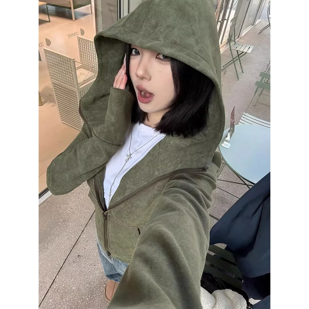 小众复古休闲设计连帽拉链开衫女2025年新款简约宽松百搭长袖上衣
