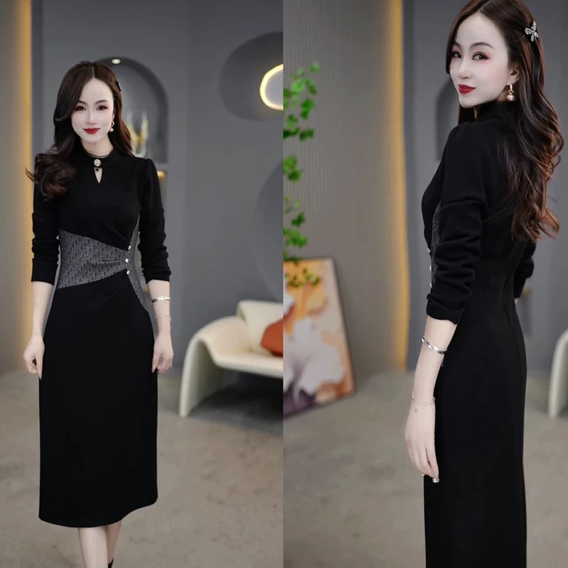 2025新款复古腰部拼接设计显瘦开叉中长款连衣裙D0162