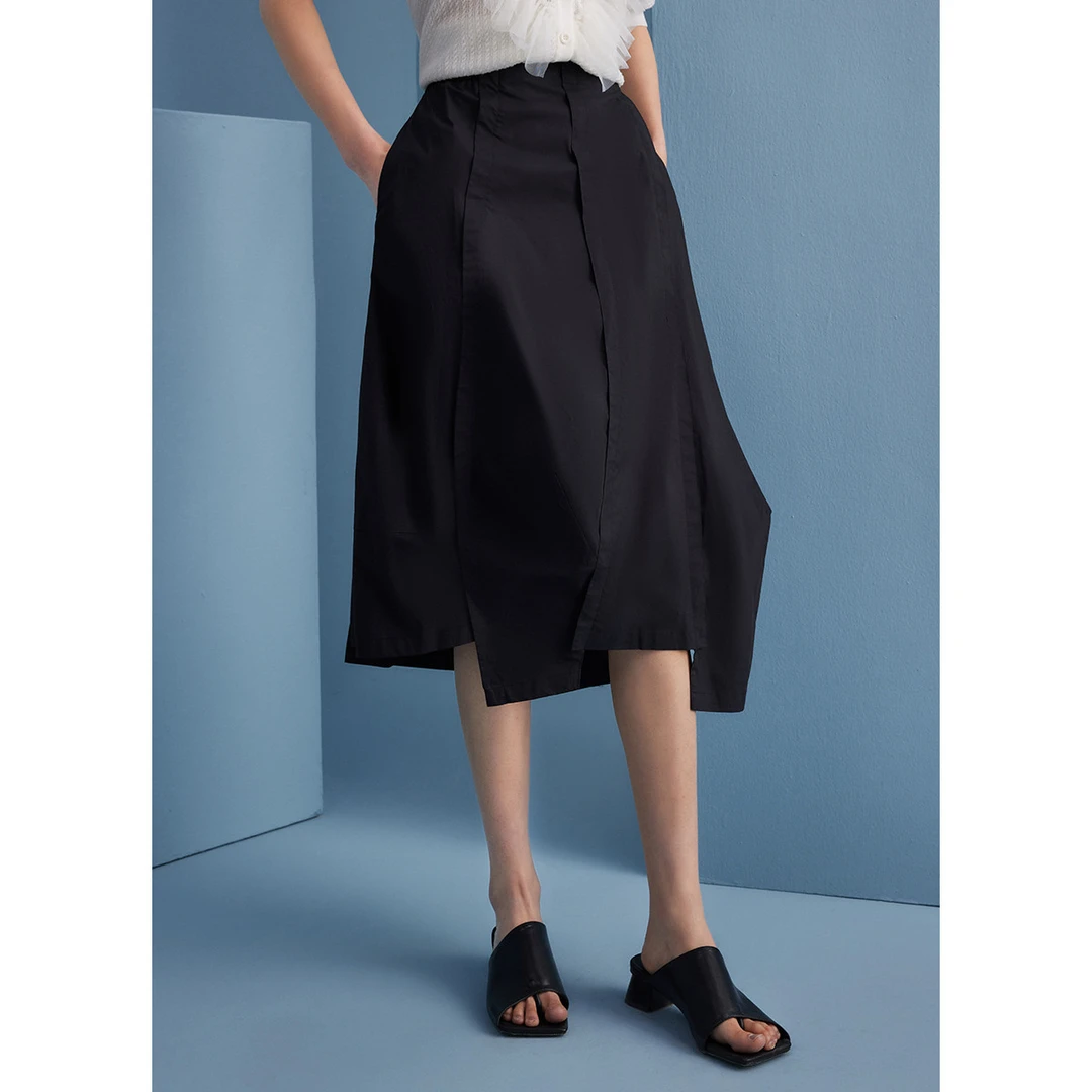 纯色黑色棉质半身裙夏季不规则下摆小黑裙自然腰大摆裙M207301146