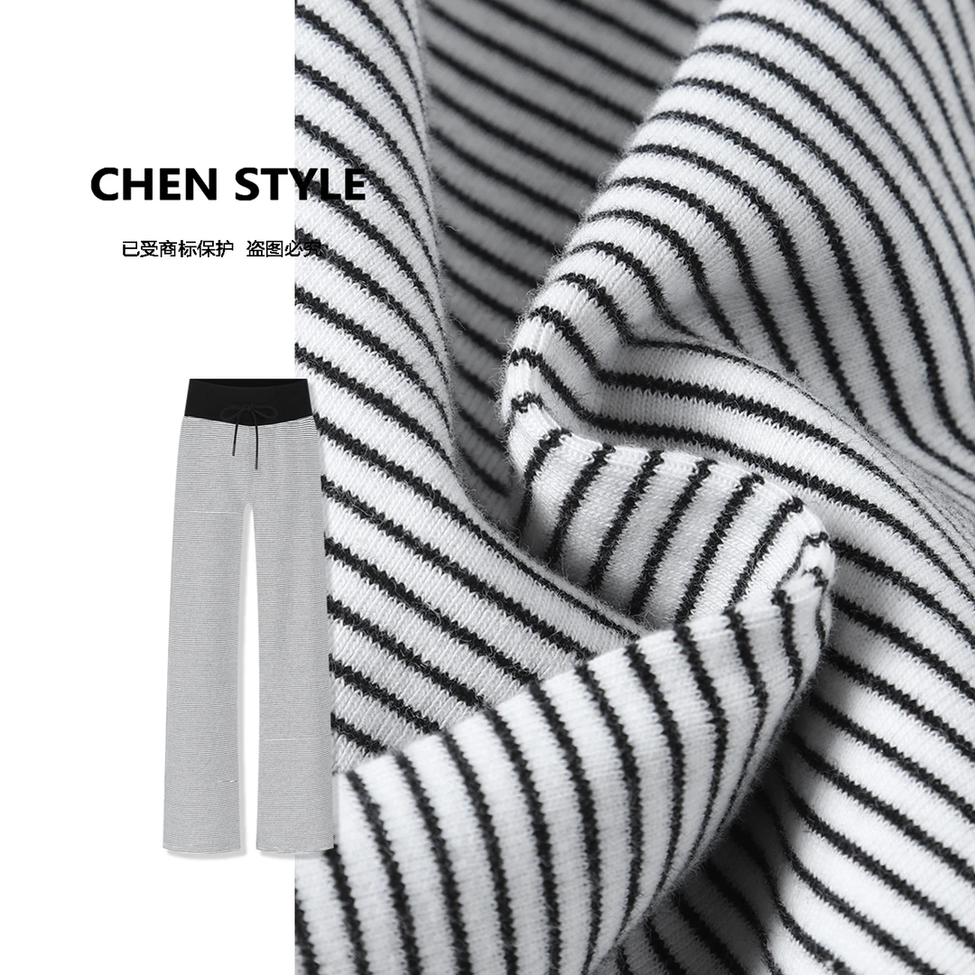 楚楚君~【裤型超“牛”】K54128春款撞色松紧腰条纹直筒休闲裤