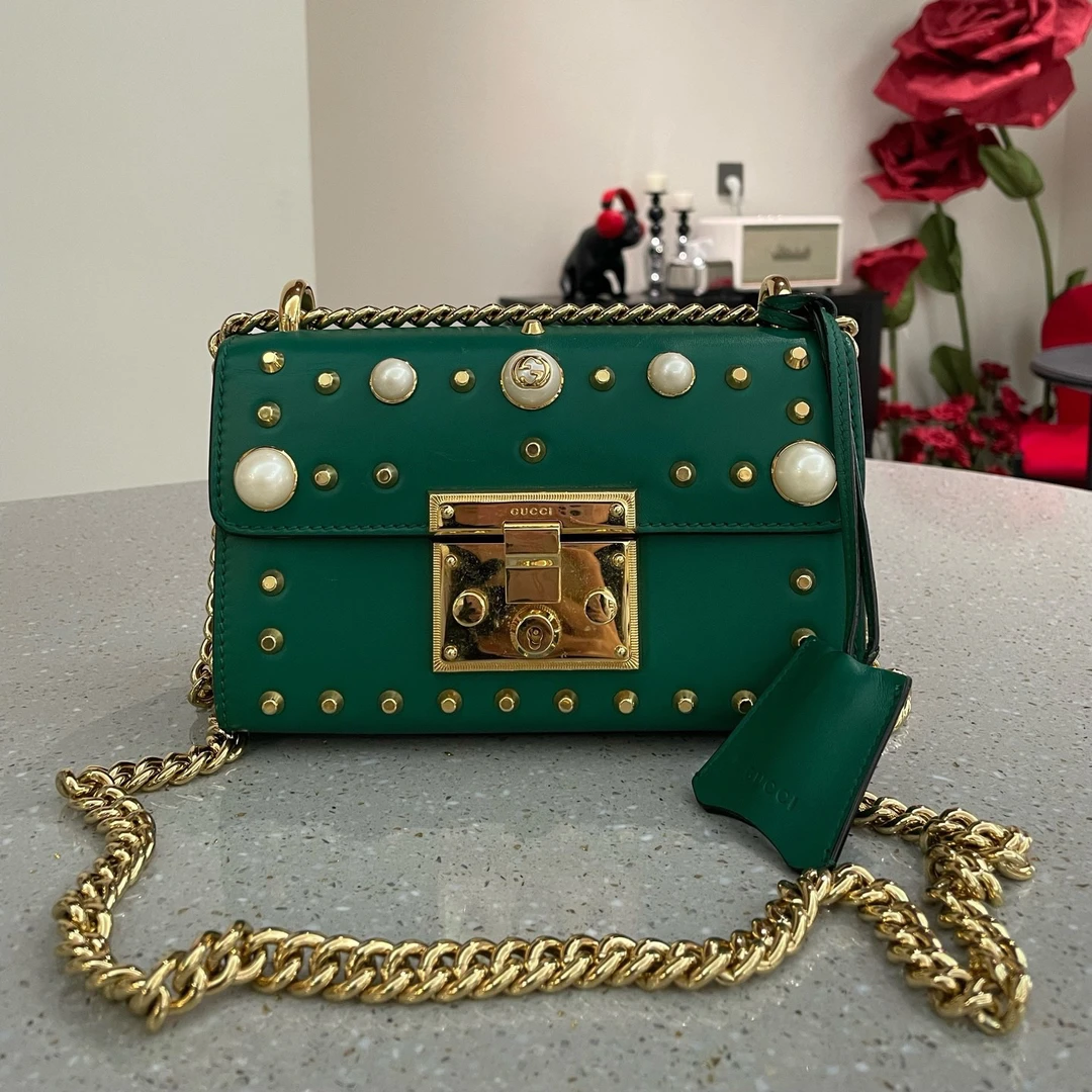 95新 GUCCI/古驰 padlock绿色小号珍珠月光宝盒