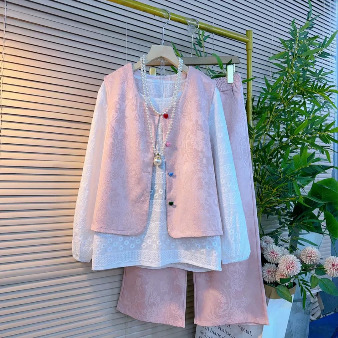 洋气提花刺绣马甲三件套