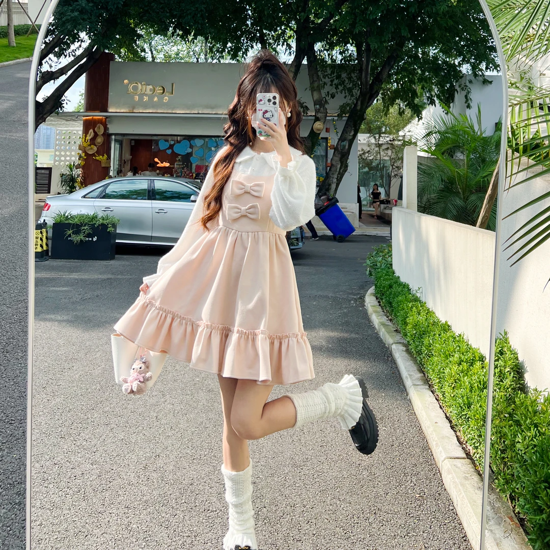 花崎鹿原创蜜桃奶冻秋日蝴蝶结短裙呢子厚连衣裙娃娃领甜美长袖
