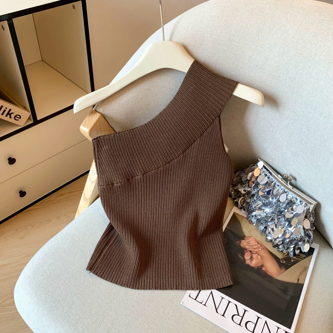 新款法式不规则斜肩挂脖针织背心女夏季修身显瘦上衣通勤洋气高腰