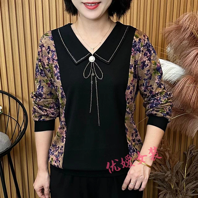 妈妈装秋季娃娃领烫钻拼接宽松显瘦遮肚洋气中老年女装长袖上衣