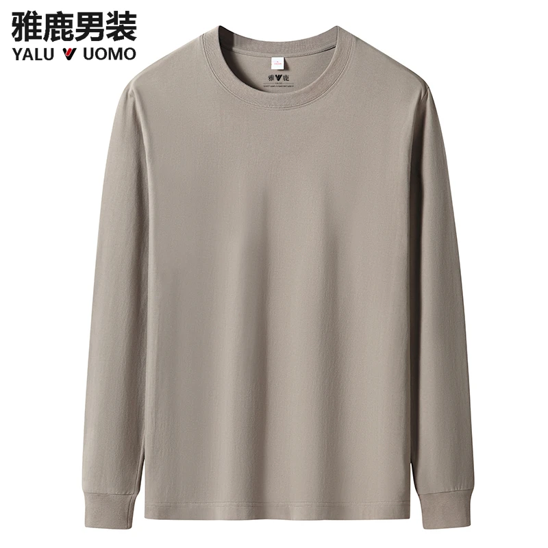 雅鹿男装-6000纯色纯棉束口长袖圆领T桖男女同款舒适休闲宽松春季