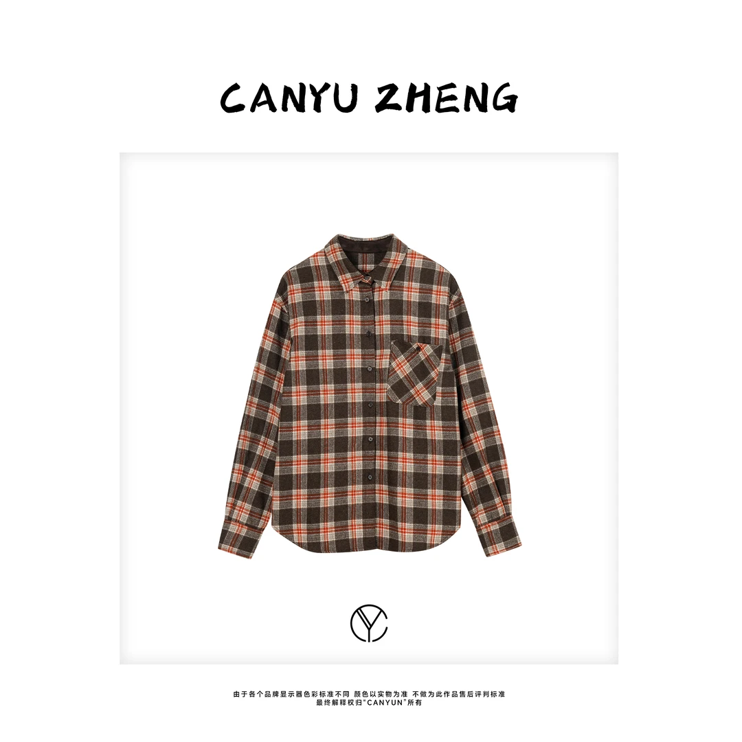 CANYU “乐谱” 复古细红格纹 落肩袖羊毛混纺百搭衬衫