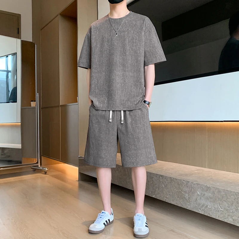 休闲运动套装男士2025夏季新款凉感冰丝时尚提花帅气短袖T恤短裤