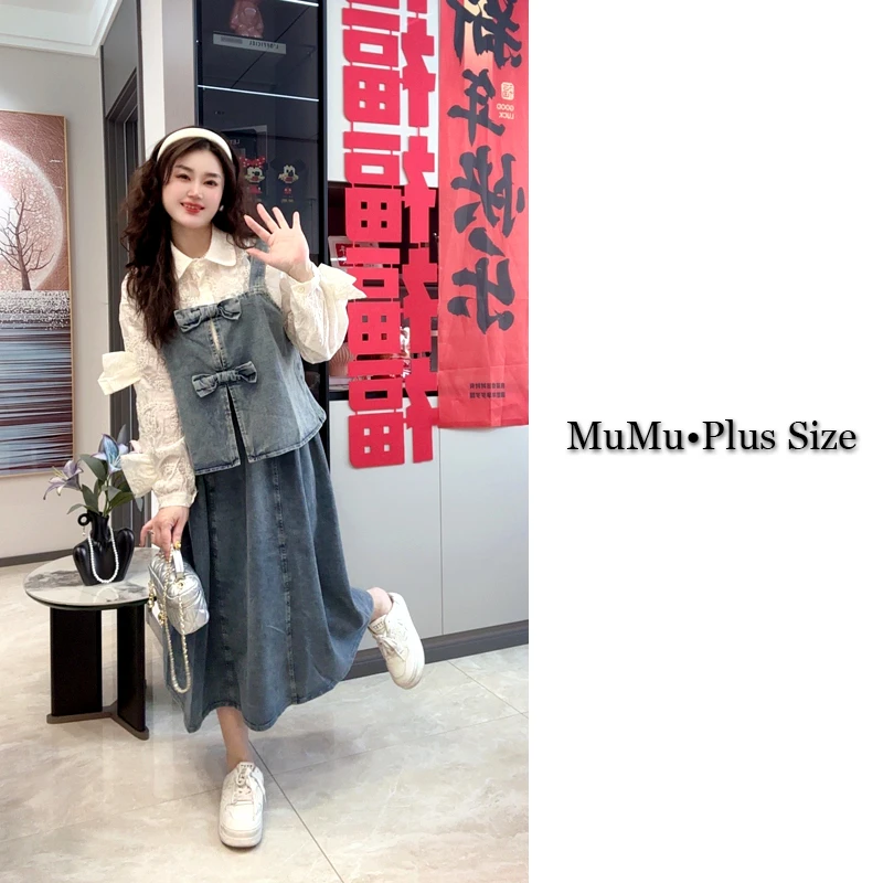 法式甜美蝴蝶结小衫蕾丝钩花衬衫牛仔半身裙女春季新款慵懒风套装