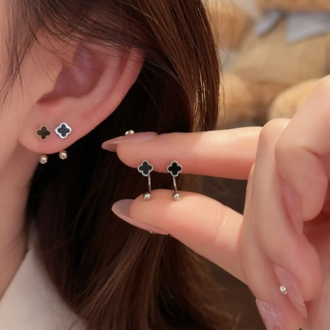 钛钢耳饰 钛钢钛钢U型四叶草耳钉 简约气质红色爱心耳环耳钉女