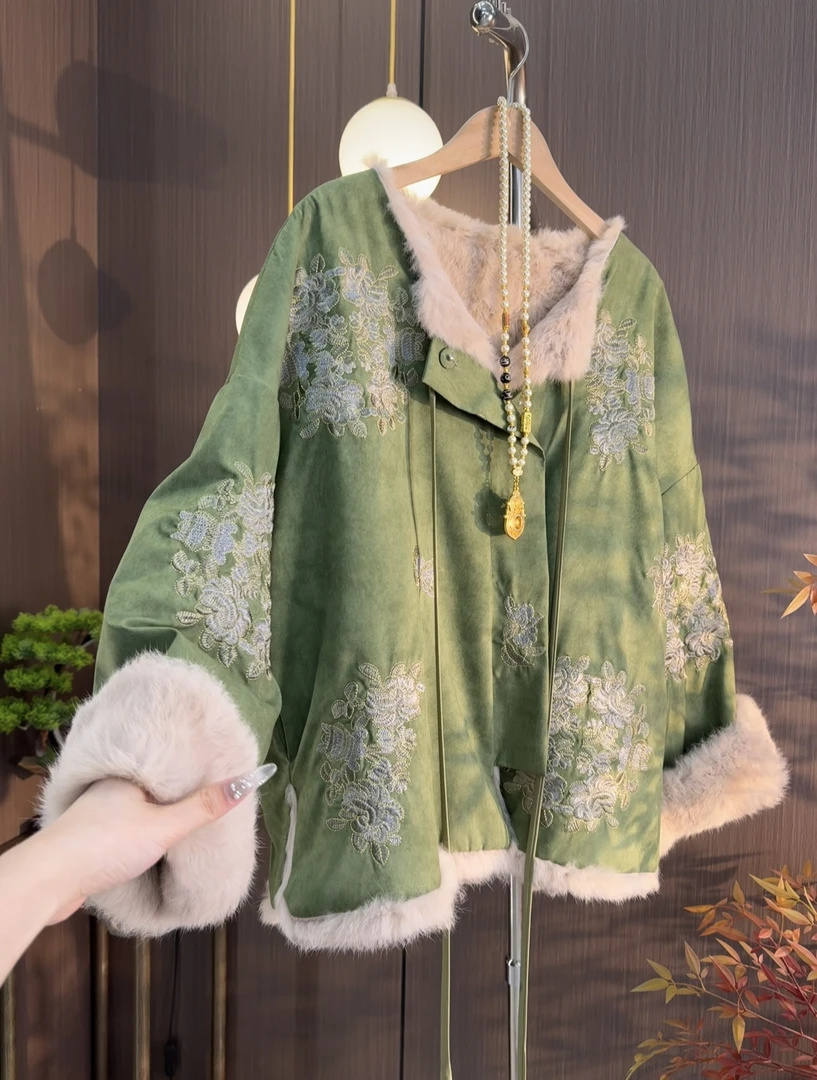 【绿婉】新中式兔毛双面双穿加厚保暖外套2024D0232-芙姿FZ-祎祎