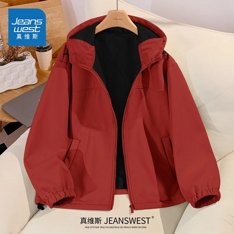真维斯红色冲锋夹克女秋冬季爆款冬日女装服饰保暖防水百搭外套潮