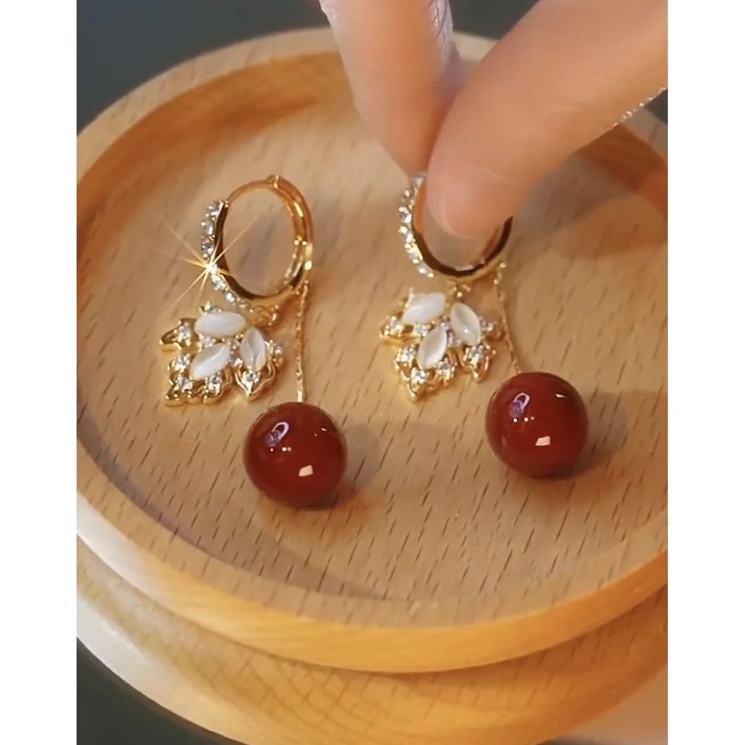 铜合金耳饰 新款轻奢【枫叶】优雅气质时尚百搭红珠耳环0289
