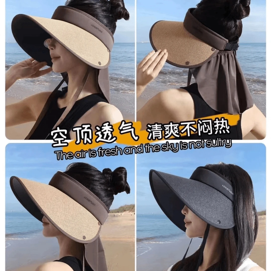 新款6.0Pro遮阳帽【可拆卸披肩护颈】草编空顶女夏季遮阳防晒帽子