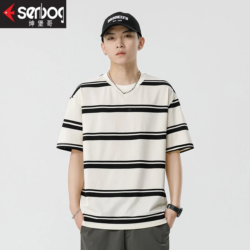 绅堡哥夏季潮流韩版撞色条纹休闲百搭圆领短袖肌理纹T恤男士