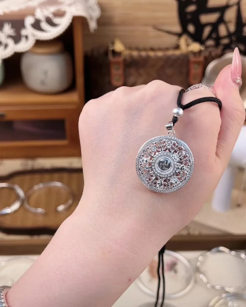 足银银制品 八宝罗盘银吊 八宝罗盘坠项坠国风精致百搭