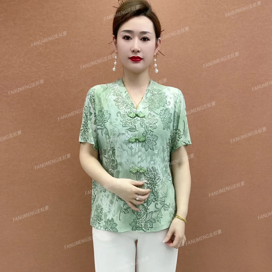 8293短袖体恤女V领小衫妈妈装休闲夏季中老年女装网红宽松T恤女