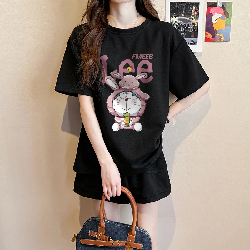 夏季减龄卡通套装女时尚宽松显瘦小个子洋气百搭短袖短裤两件套潮