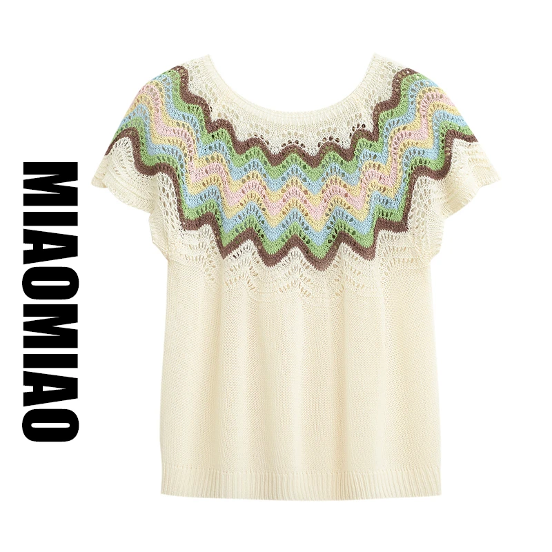 【清完下架】82283大码女百搭设计感波浪条纹镂空冰丝短袖T恤