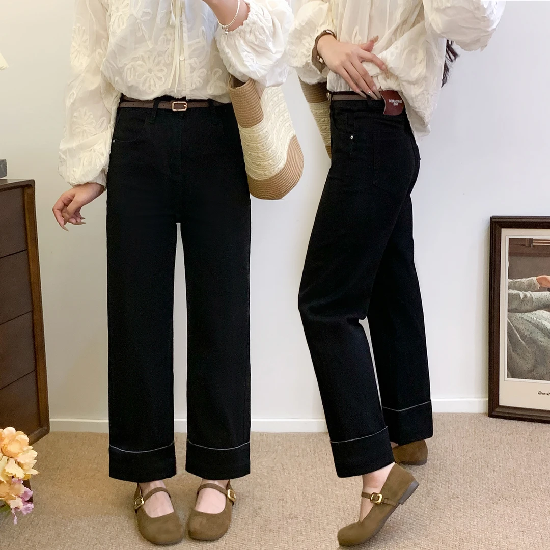 秋季新款大码胖mm弹力直筒牛仔裤梨型身材宽松显瘦高腰九分阔腿裤