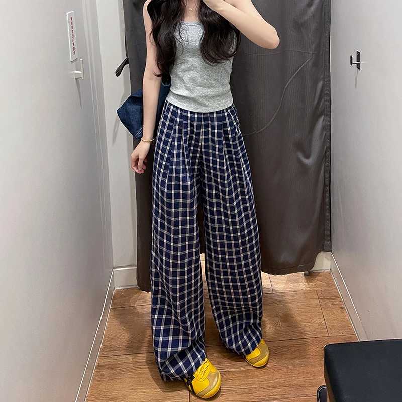蓝色格子裤女春秋2025新款高腰小个子宽松慵懒直筒露思同款阔腿裤