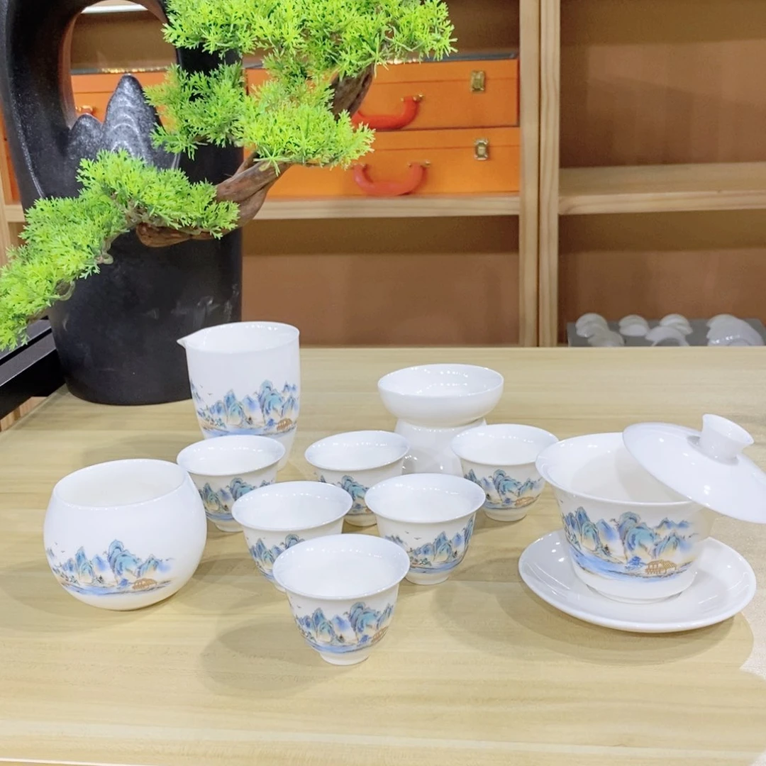 瓷片山水雅居羊脂玉套装