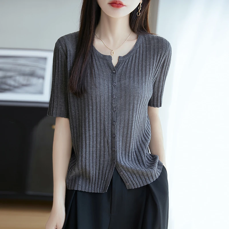 天丝亚麻开衫短袖女薄款百搭针织显瘦T恤抽条薄款减龄中袖休闲