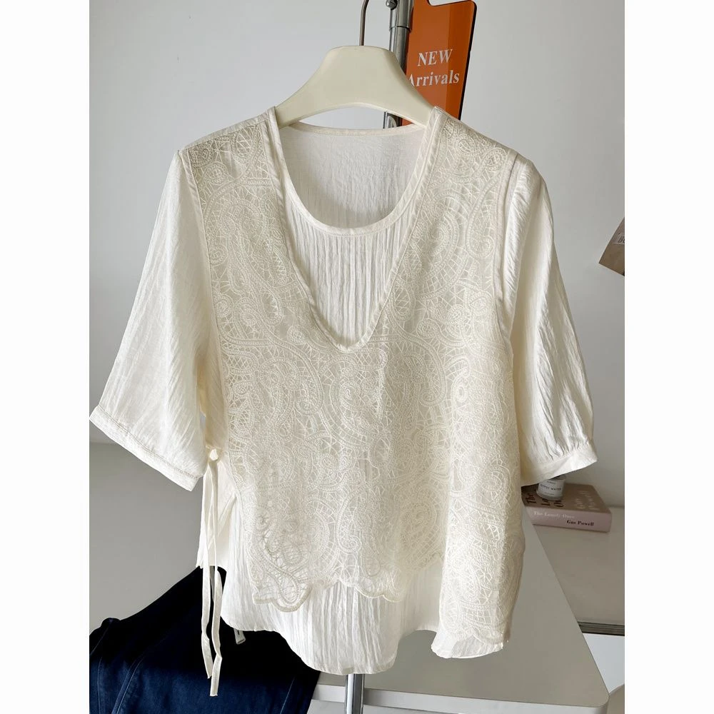 设计感白色短袖衬衫女夏季正肩新款大码胖mm宽松遮肚系带薄款上衣