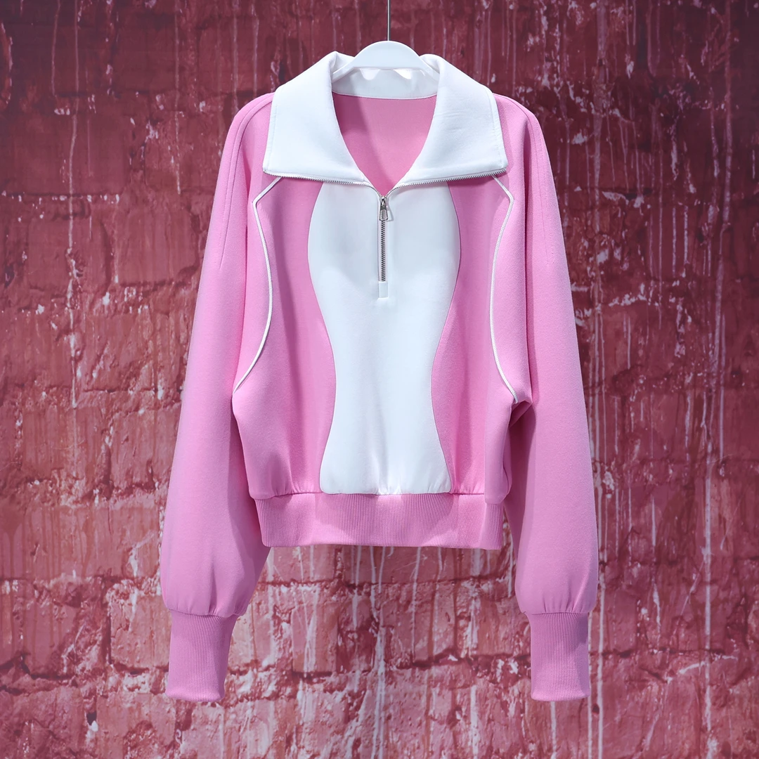 【LIANG哥女装】2025欧货设计师欧式海棠粉撞色拼接运动卫衣6321A