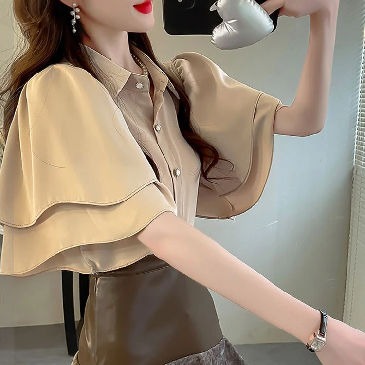夏季新款漂亮宽松衬衫女气质显瘦翻领衬衣仙气荷叶边短袖雪纺上衣