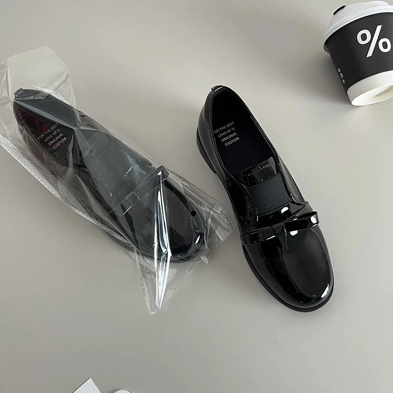 巨软~2025新款深口厚底小皮鞋圆头蝴蝶结单鞋百搭松紧一脚蹬女鞋