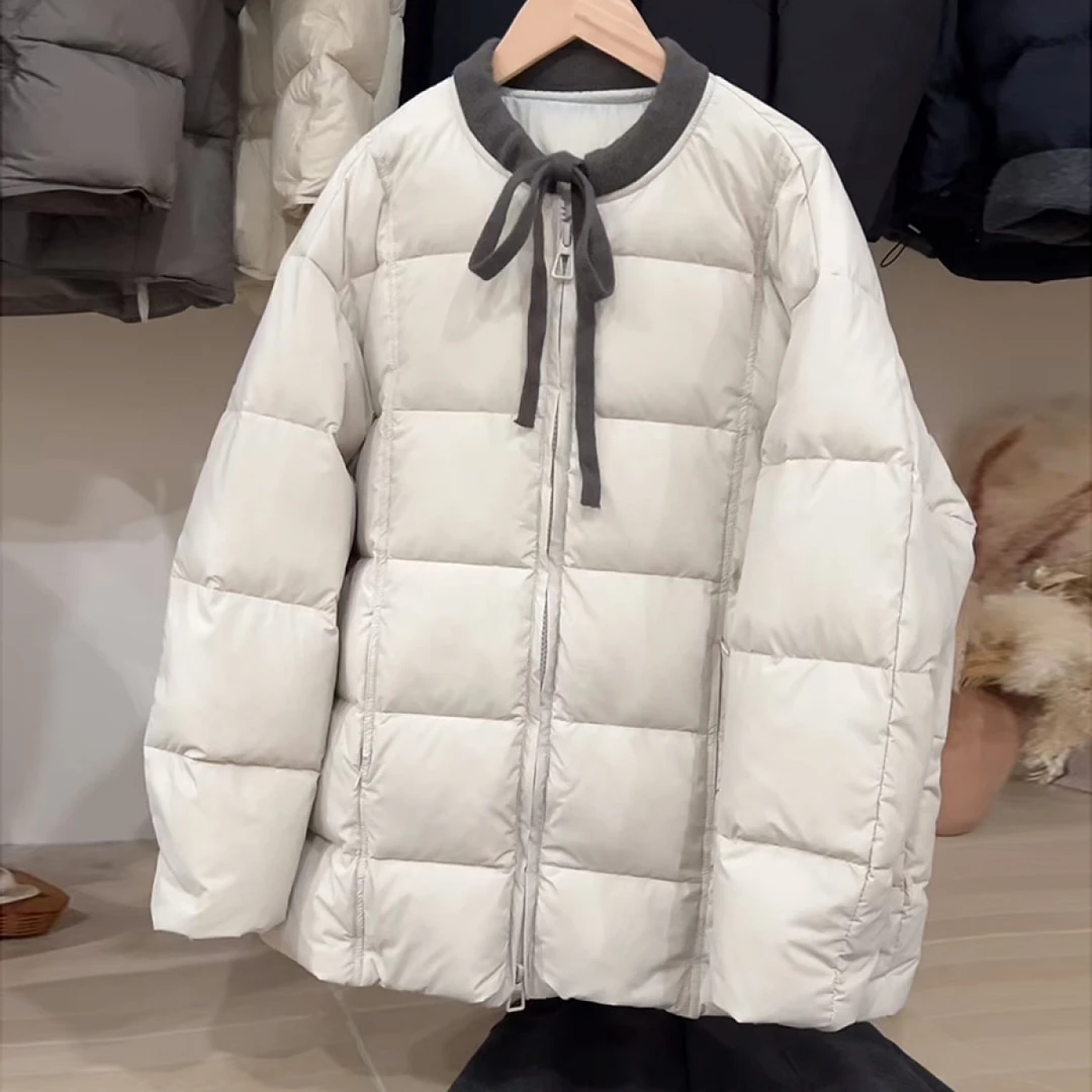 韩版撞色别致圆领加厚棉服2025冬季新款外套女保暖显瘦宽松面包服