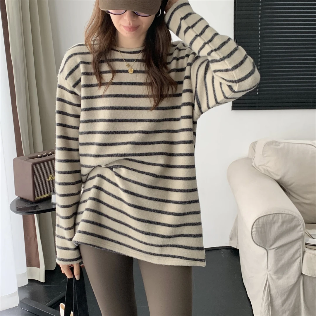 OYE2025秋冬新款撞色条纹打底衫宽松休闲加厚保暖内搭长袖T恤上衣
