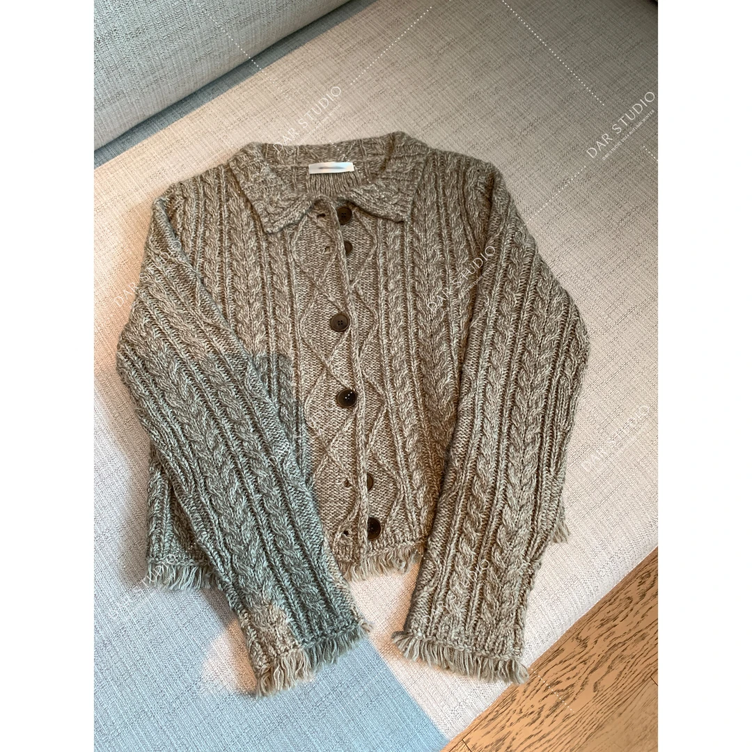 DAR STUDIO 深圳货【须须麻花】2025秋季新款翻领麻花菱形毛衣88544