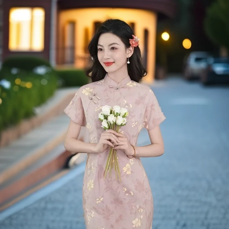 0293 粉色 胶印 黄花 单 连肩袖 旗袍