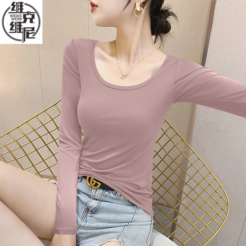 短袖女款T恤加绒洋气爆款粉色圆领莫代尔打底衫女内搭春秋冬穿