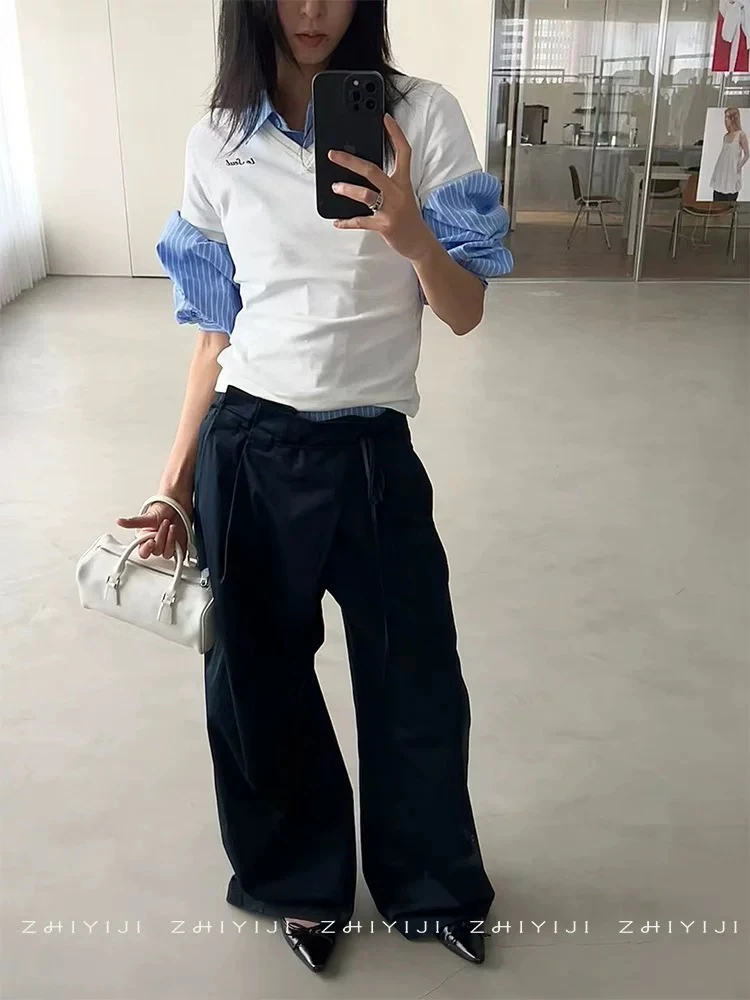 SOl25夏设计感小版型V领短袖T恤 撞色刺绣字母修身上衣SA5A3020