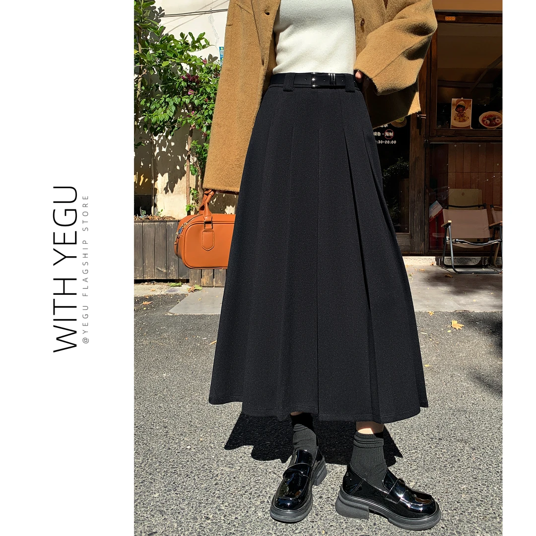 气质黑色毛呢百褶半身裙女秋冬新款高腰a字伞裙小个子显瘦中长裙