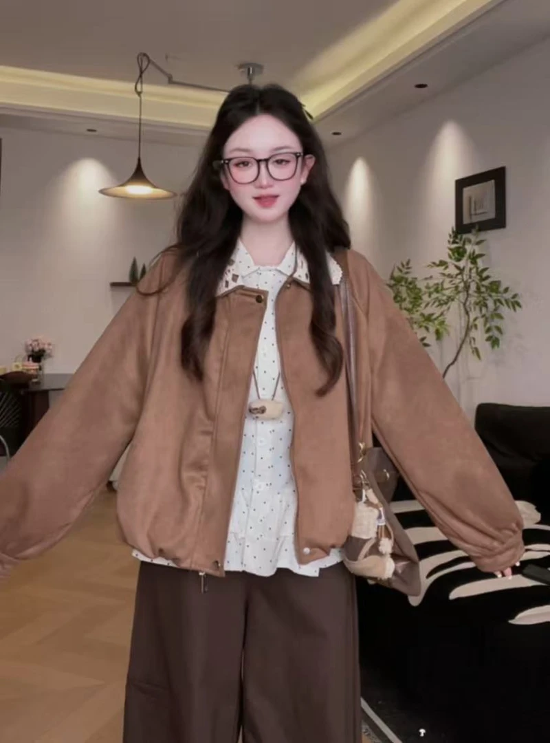 鹿皮绒外套女百搭花边领秋季千金风短外套翻领波点衬衫两件套