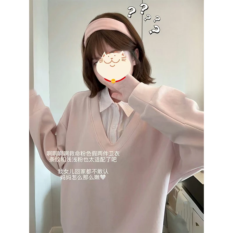 韩系甜美风气质假两件条纹卫衣女春秋宽松设计感百搭休闲套头上衣