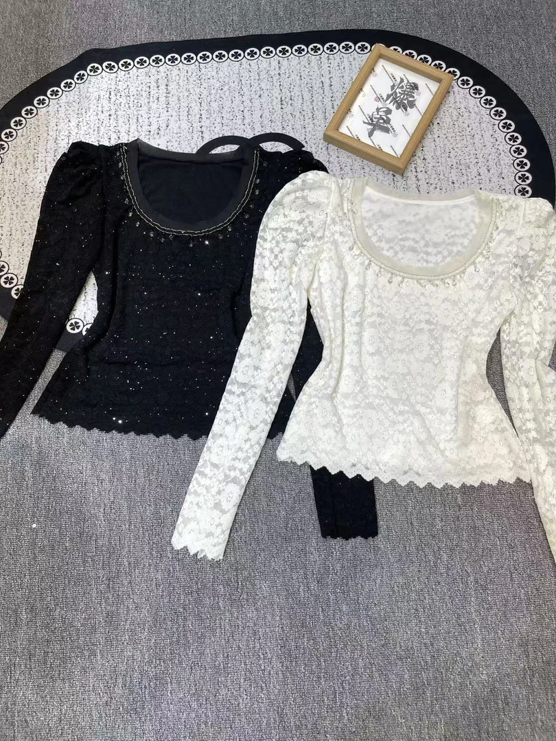 淑雅阁服饰  重工套头长袖千金风洋气【蕾丝上衣】90013