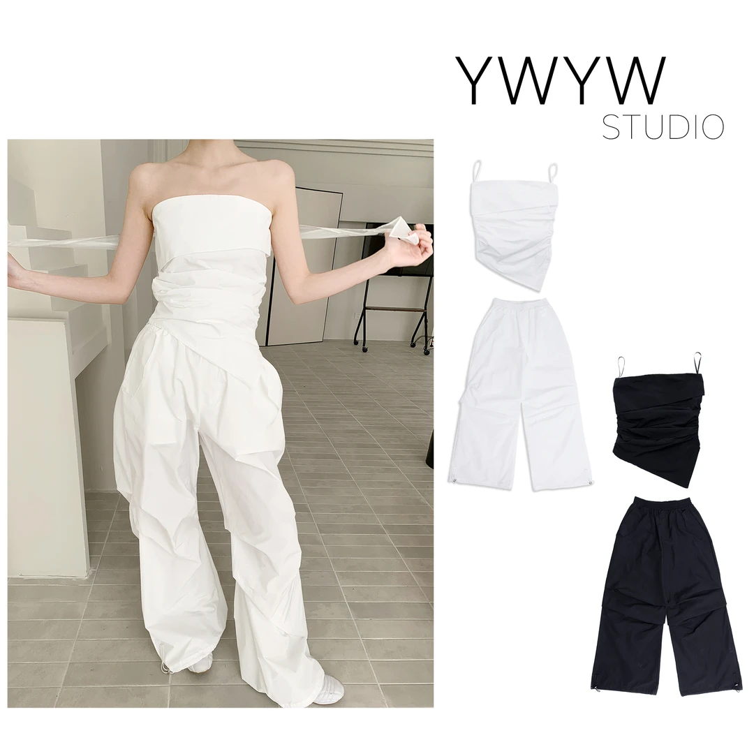 【YWYW25S/S】春夏褶皱设计感抹胸/翻折片口袋阔腿工装休闲裤3932