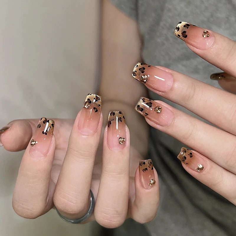 金棕豹纹猫眼短款纯手工穿戴甲显白成品美甲贴片可拆卸假指甲贴片