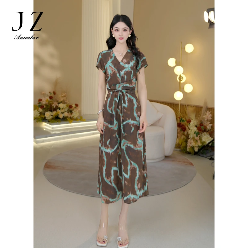 JY安娜蔻KTFX500359高端V领夏季新款拼色收腰显瘦洋气连衣裙