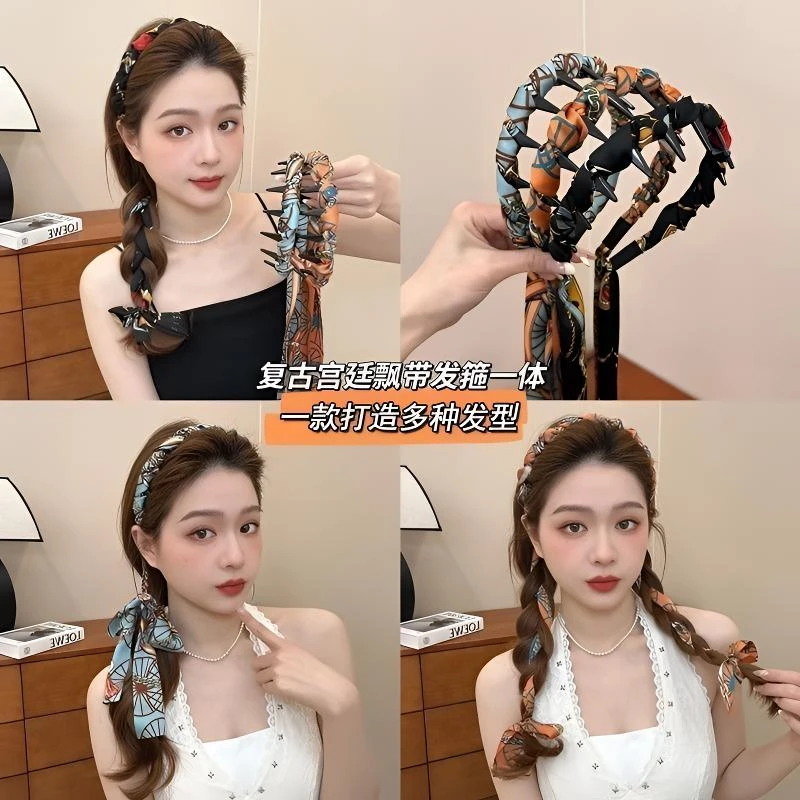 繁花飘带齿梳发箍女波浪高颅顶正反两带复古宫廷编发头饰气质发卡
