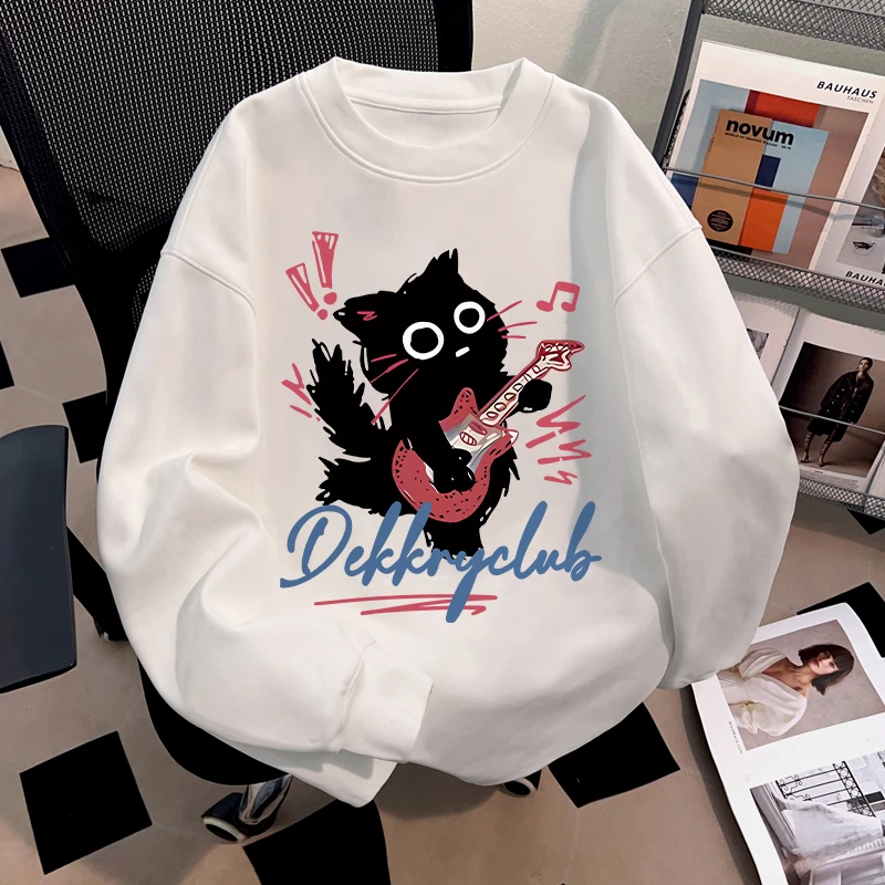 Dekkry潮流可爱小猫弹吉他印花秋冬季纯棉长袖t恤男女款重磅上衣