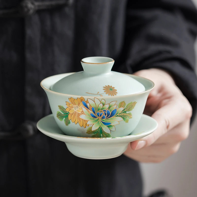 新视觉茶器  高端汝窑三才盖碗功夫茶具大号描金陶瓷岩茶泡茶碗